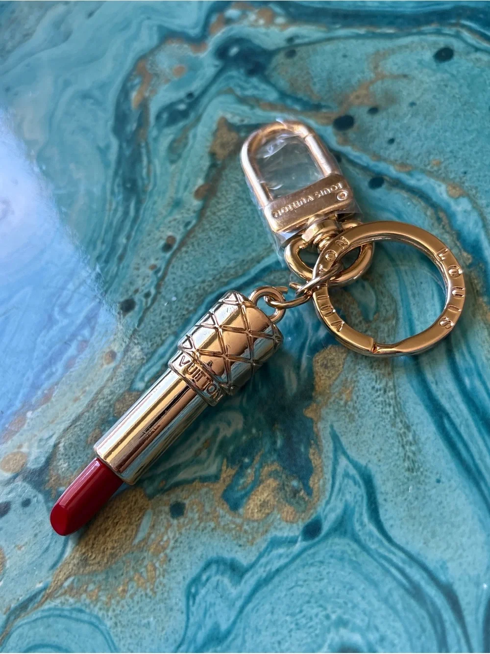 Louis Vuitton Gold Lipstick Purse Charm Keyring with Red Tip
